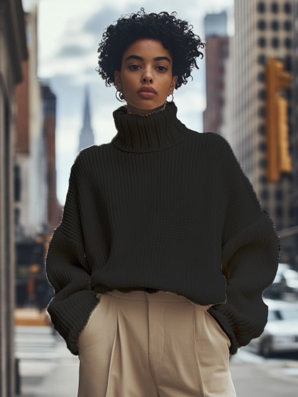 Women's Solid Color High Neck Knit Sweatshirt