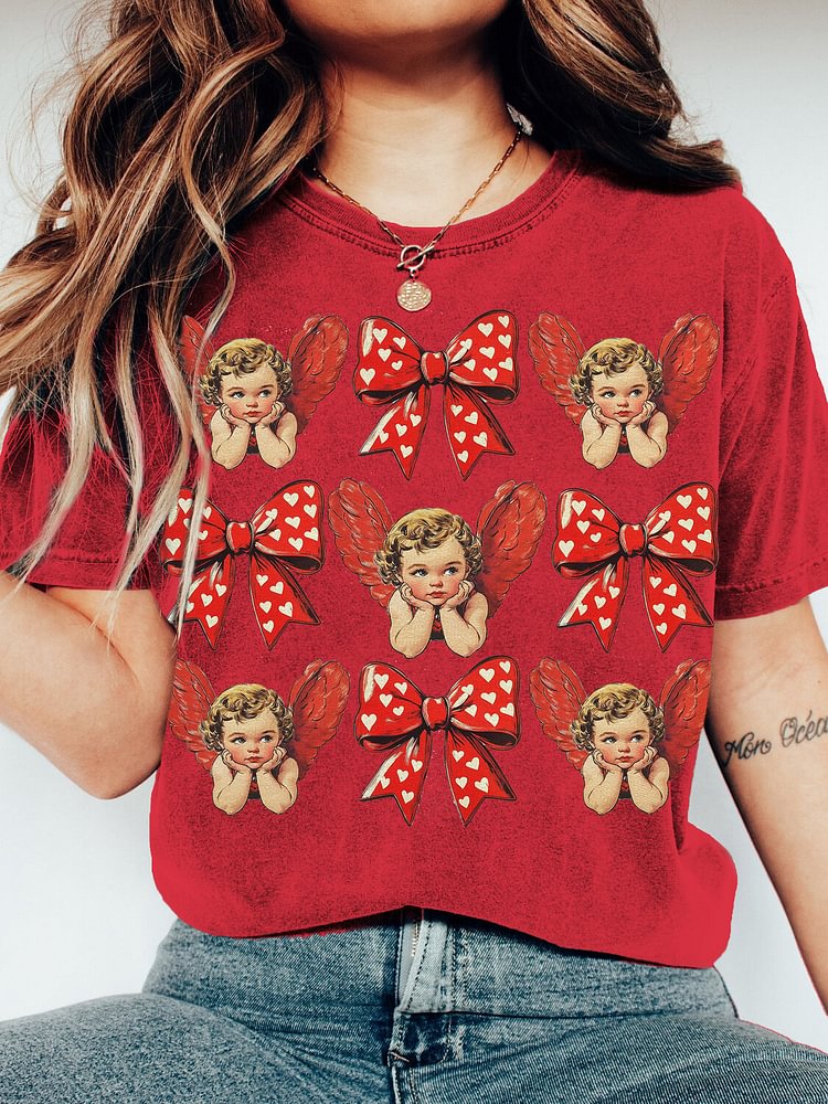 Women's Cupid Bowknot Print Cotton Casual T-Shirt