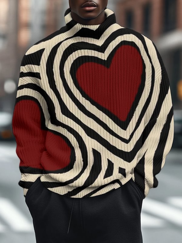 Men's Valentine's Day Love Print High Neck Knit Sweatshirt