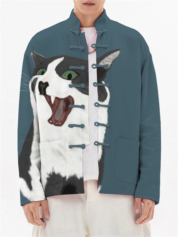 Men's Bicolor Cat Print Long Sleeve Knot Button Shirt