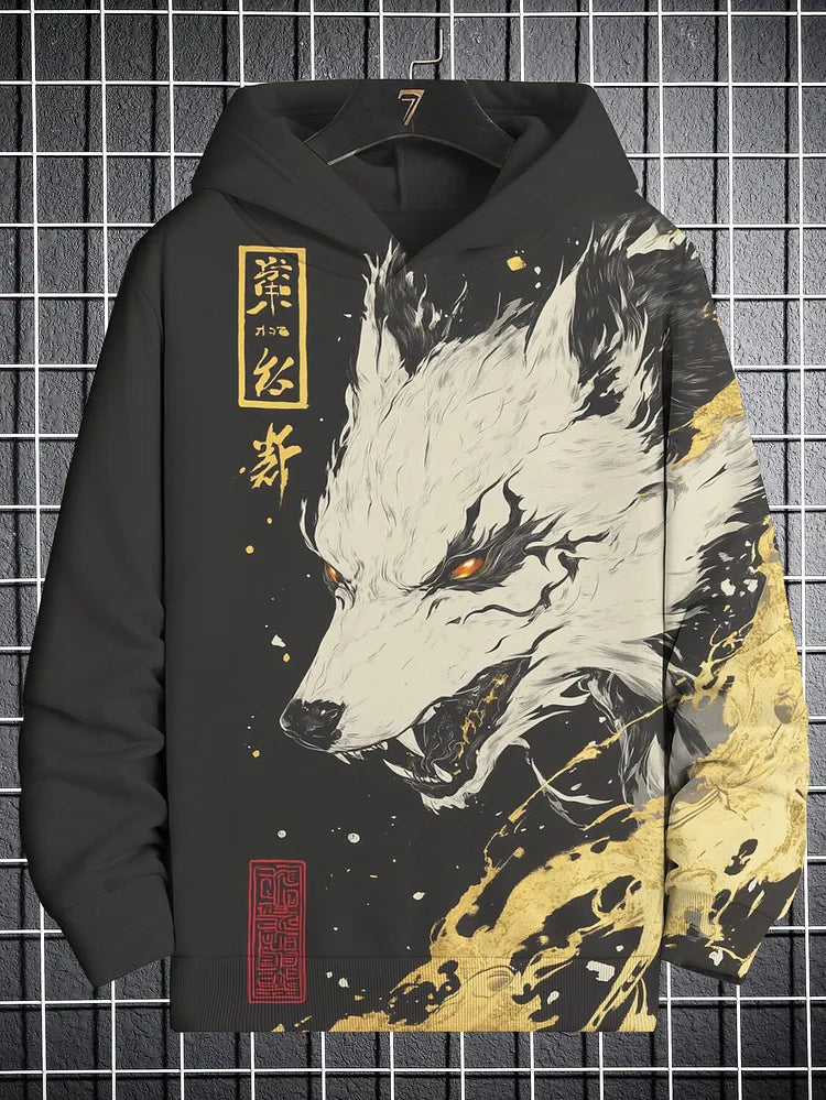 Men's Japanese Wolf Art Print Casual Hoodie