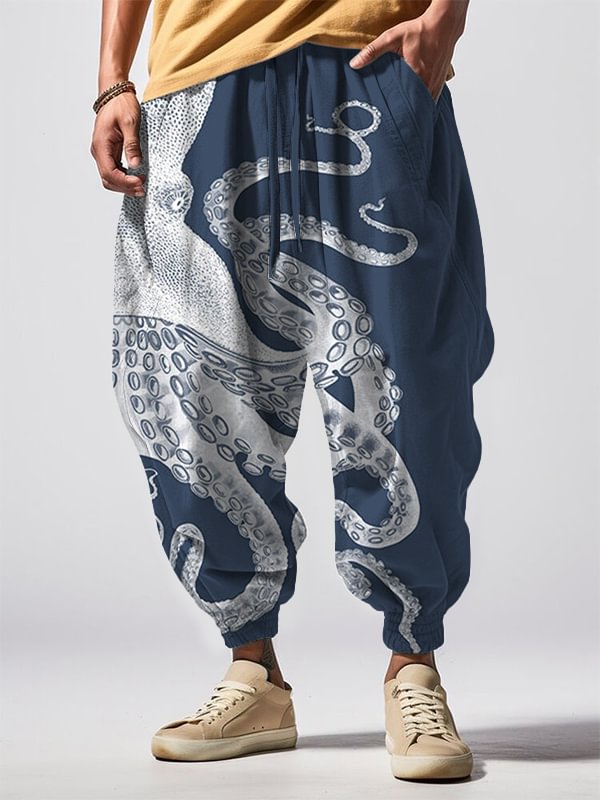 Men's Japanese Art Octopus Graphic Print Casual Loose Drawstring Waist Sweatpants