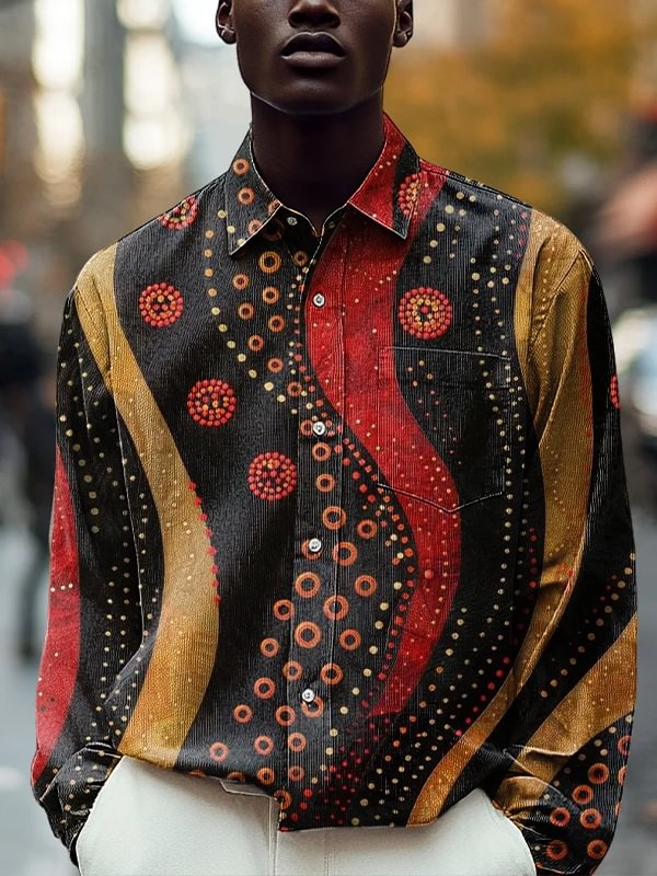Men's Classic Streamlined Pattern Art Print Corduroy Long Sleeve Shirt