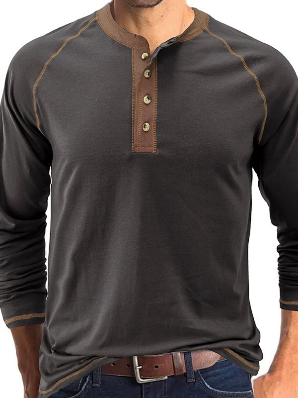 Men's Casual Color Matching Half Button Long Sleeve Henley Shirt