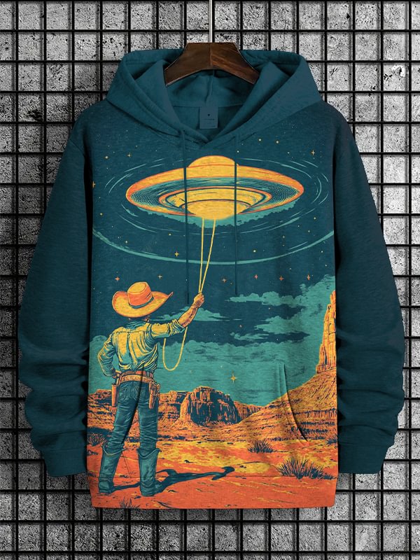 Men's Cowboy Catching UFO Print Casual Hoodie