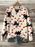 Women's Polka Dot Black Cat Art Print Knit Sweatshirt