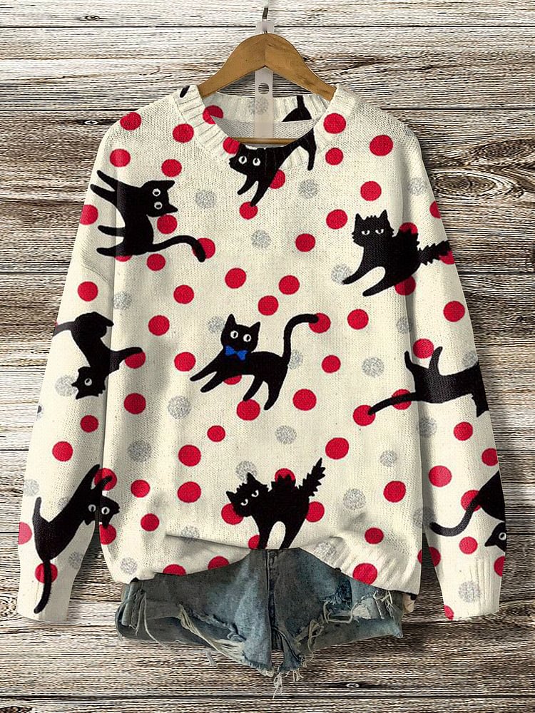 Women's Polka Dot Black Cat Art Print Knit Sweatshirt