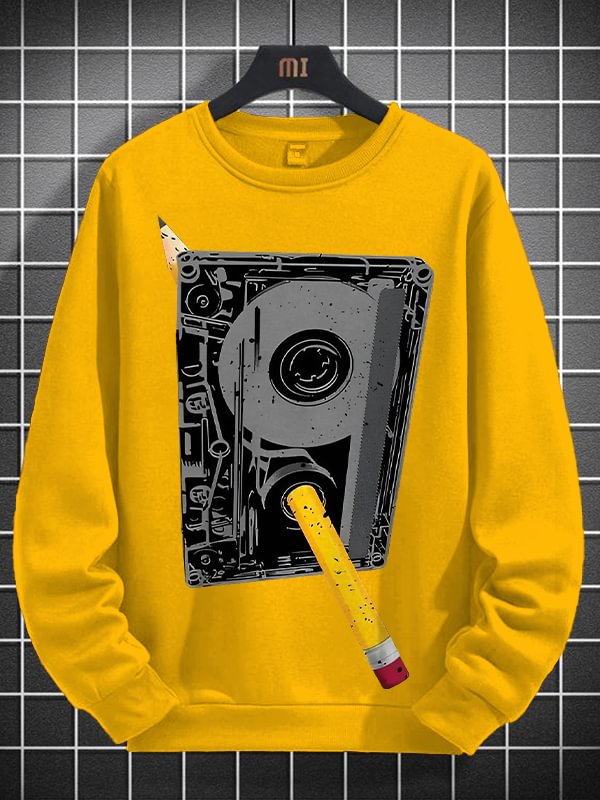 Men's Cassette Tape And Pencil Retro Art Print Cotton Long Sleeve T-Shirt Thin Sweatshirt