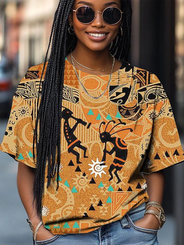 Women's Black Tribe Abstract Ethnic Pattern Art Print Casual T-Shirt