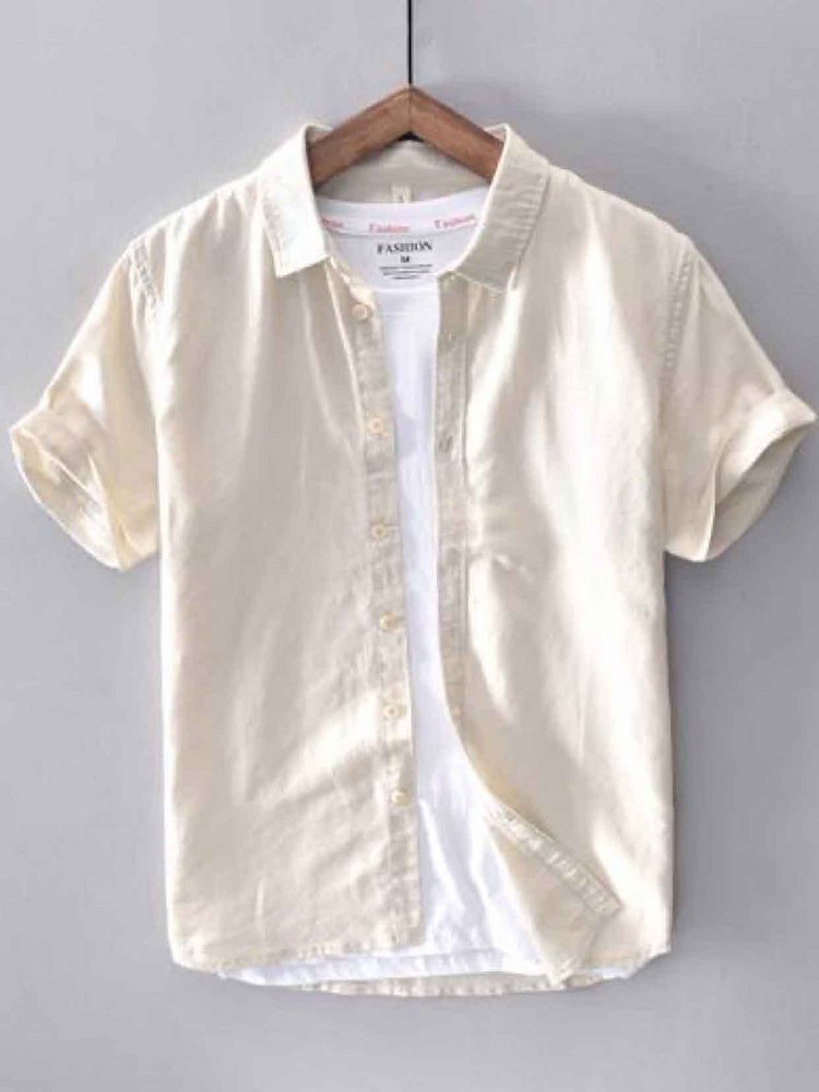 Men's Solid Color Turndown Collar Short Sleeve Linen Shirt