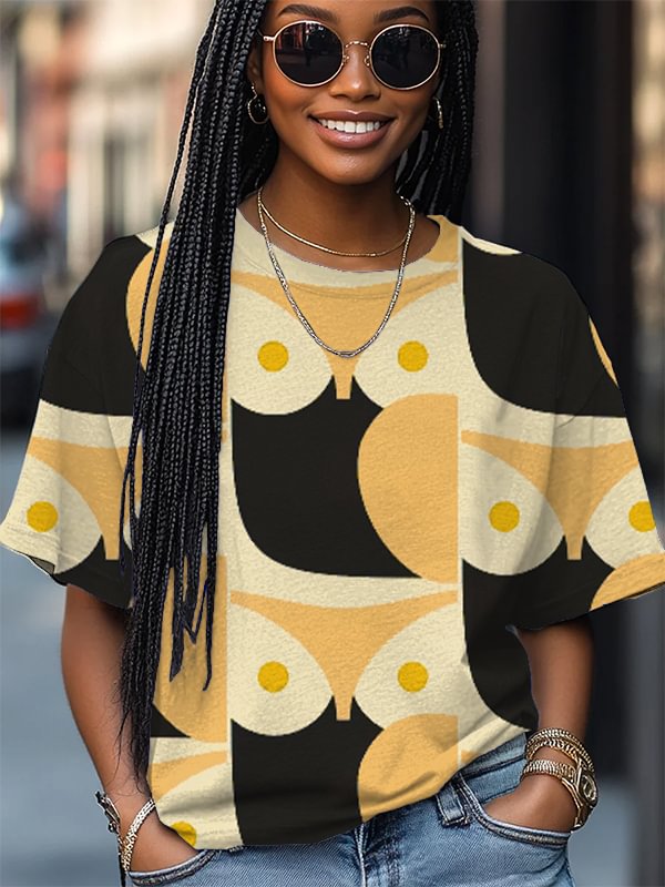 Women's Owl Abstract Color Block Print Casual T-Shirt