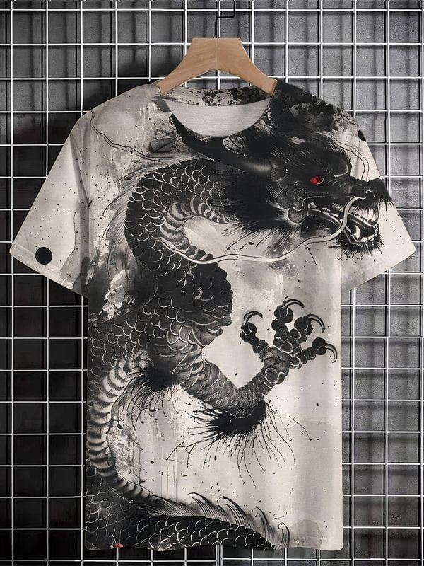 Men's Chinese Ink Painting Dragon Print T-Shirt