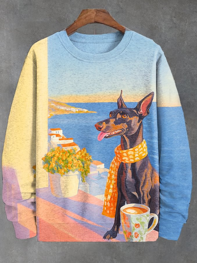 Men's Scarf Dachshund Seaside Autumn Coffee Print Casual Sweatshirt