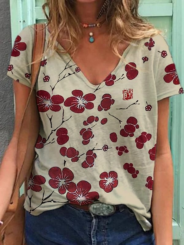 Cherry Blossom Japanese Lino Art Vintage V-Neck T-Shirt