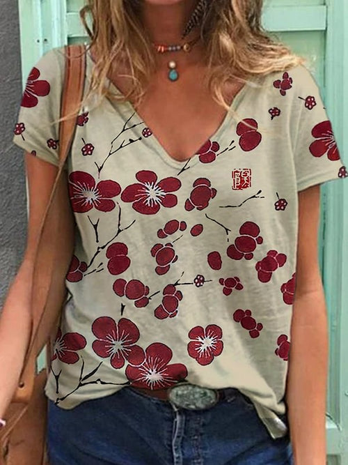 Cherry Blossom Japanese Lino Art Vintage V-Neck T-Shirt