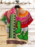 Men's Desert Cactus Tropical Art Print Short Sleeve Linen Blend Shirt