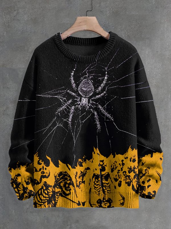 Men's Spider And Skull Burning In Flames Art Print Knit Sweatshirt