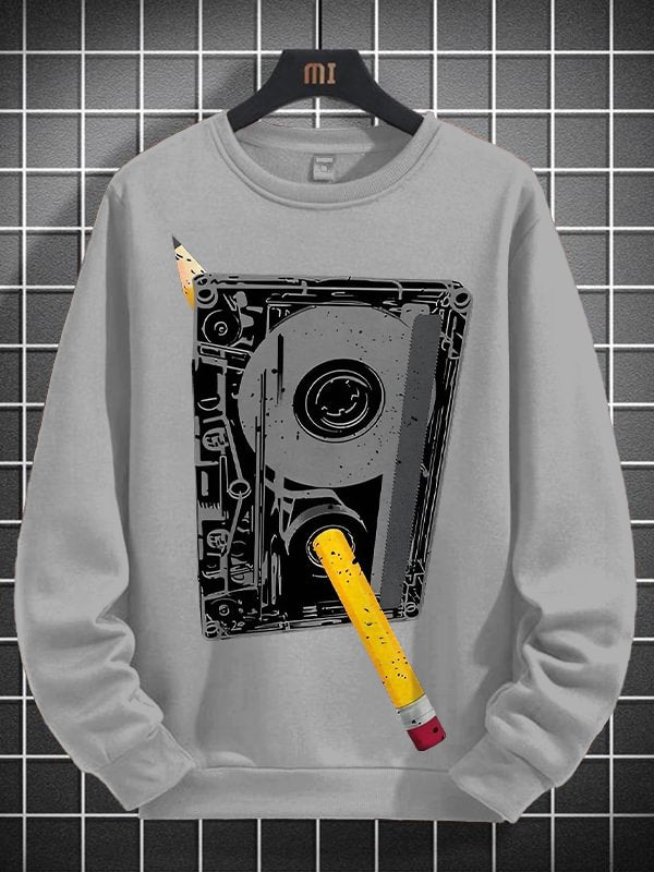 Men's Cassette Tape And Pencil Retro Art Print Cotton Long Sleeve T-Shirt Thin Sweatshirt