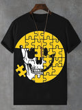Men's Skull Smiley Face Puzzle Print Cotton Casual T-Shirt