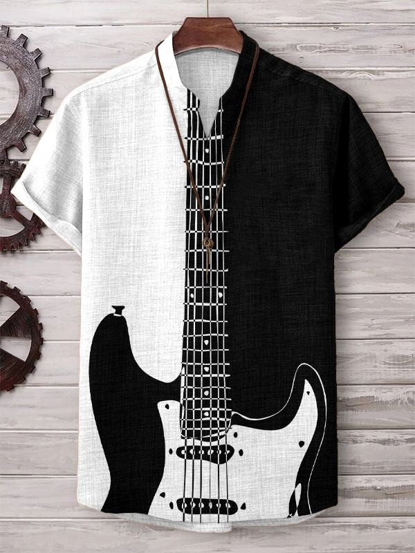 Men's Contrast Color Electric Guitar Print V Neck T-Shirt