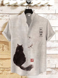 Men's Black Cat Japanese Art Print Linen Blend Shirt