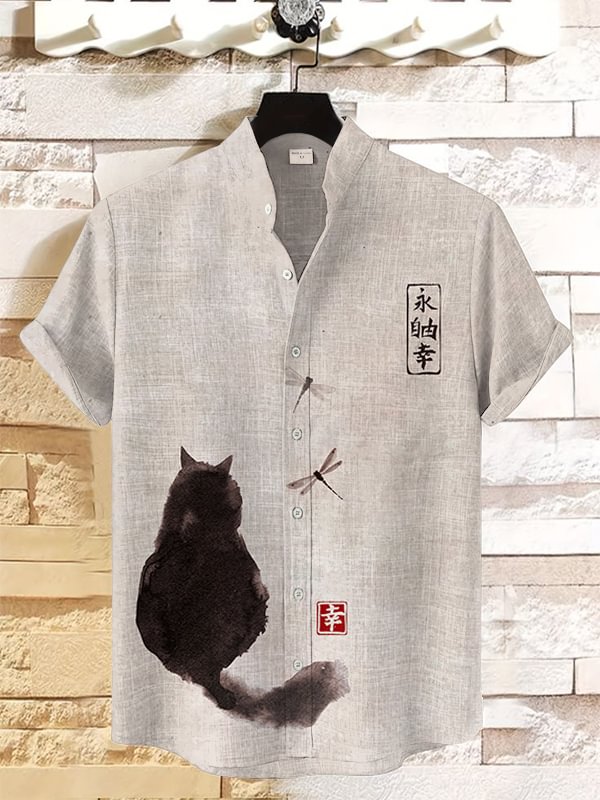 Men's Black Cat Japanese Art Print Linen Blend Shirt