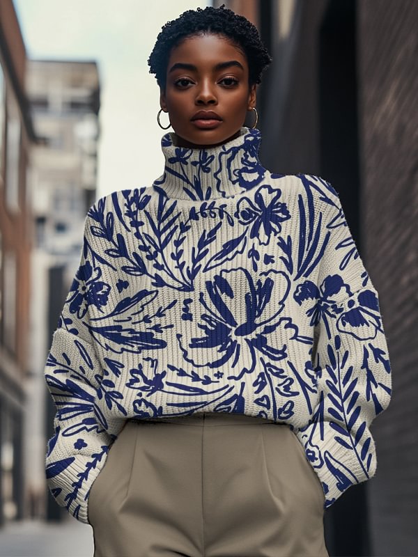 Women's Flowers Abstract Lines Print High Neck Knit Sweatshirt