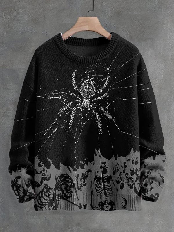Men's Spider And Skull Burning In Flames Art Print Knit Sweatshirt