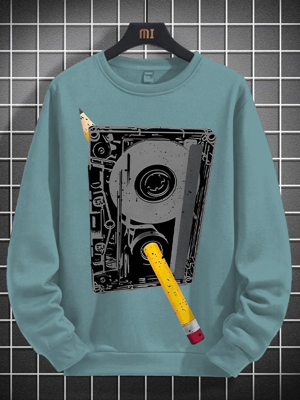 Men's Cassette Tape And Pencil Retro Art Print Cotton Long Sleeve T-Shirt Thin Sweatshirt