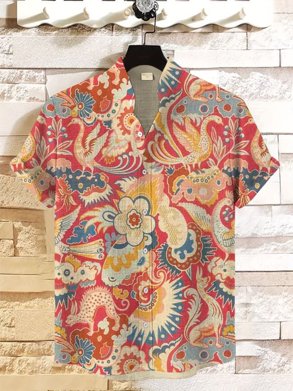Men's Mythology Animals And Flowers Patterns Print Linen Blend Shirt