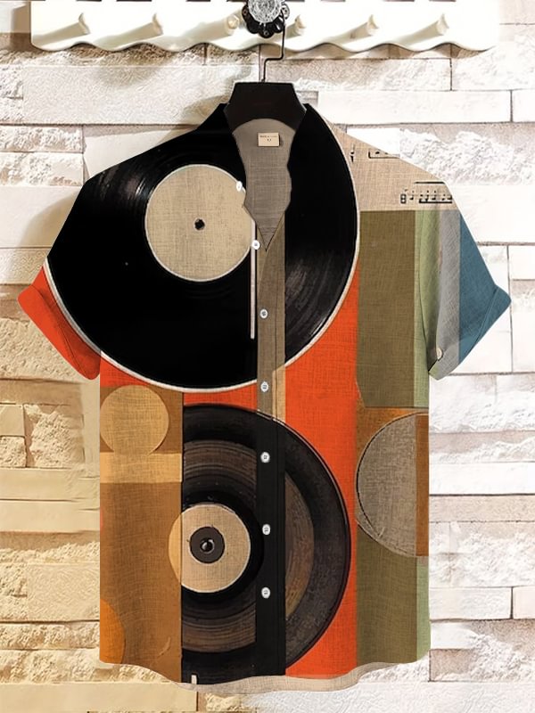 Men's Retro Vinyl Music Art Print Casual Linen Blend Shirt