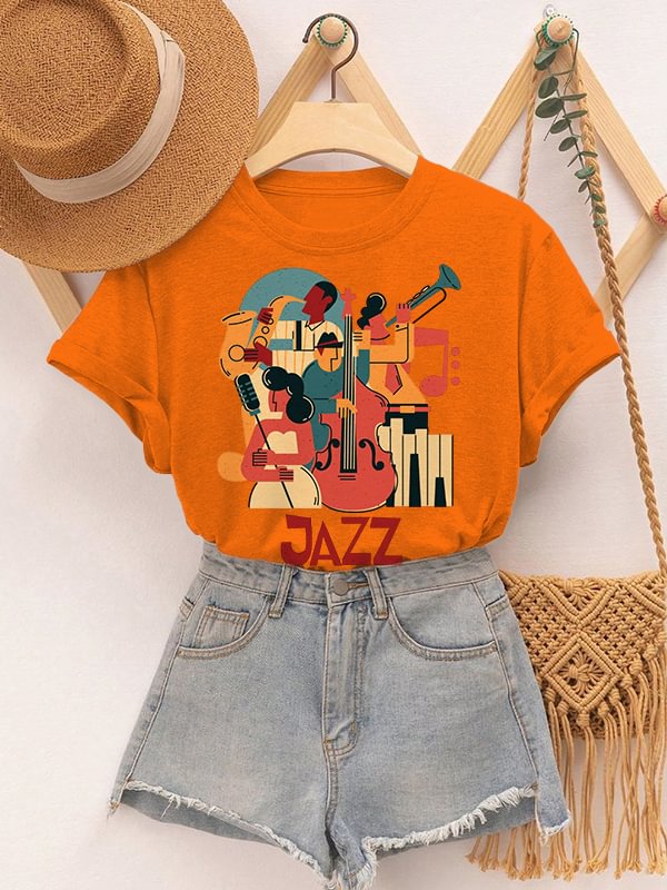 Women's Retro Instrumental Music Playing Jazz Print Cotton Casual T-Shirt