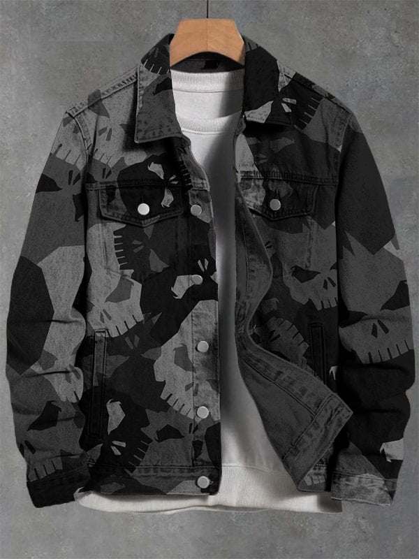 Men's Skull Camouflage Print Denim-Like Long Sleeve Shirt
