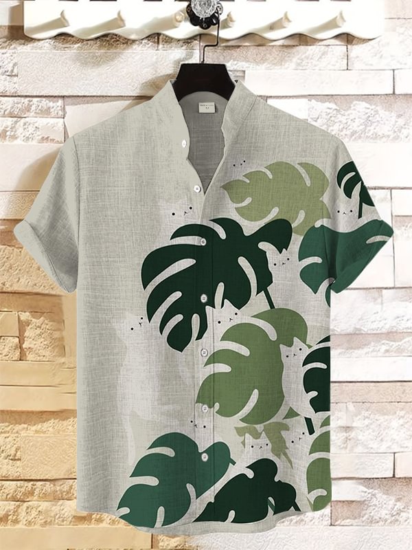 Men's White Cats Plants Print Casual Linen Blend Shirt