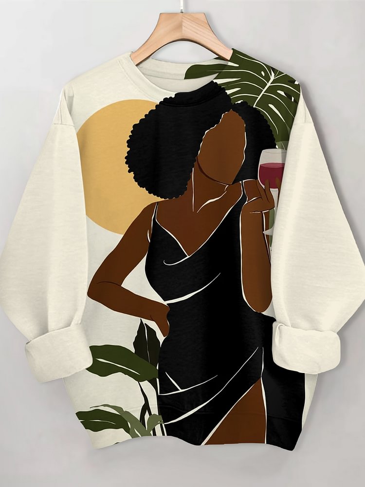 Women's Elegant Wine Time Art Print Casual Sweatshirt