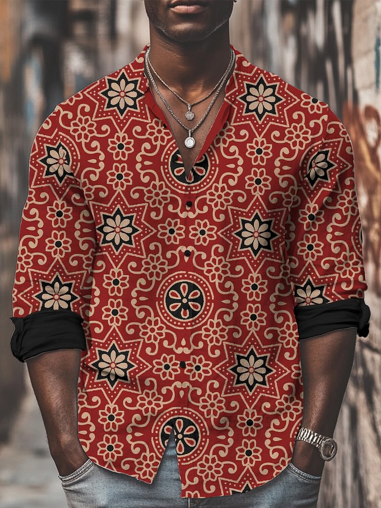 Men's Traditional Flower Pattern All Over Print Long Sleeve Shirt