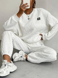Women's Casual Solid Jacquard Textured Long Sleeve Sweatshirt Pants Matching Set
