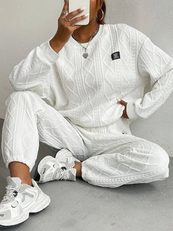 Women's Casual Solid Jacquard Textured Long Sleeve Sweatshirt Pants Matching Set