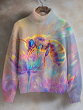 Women's A Bee Collecting Nectar Pattern High Neck Knit Sweatshirt