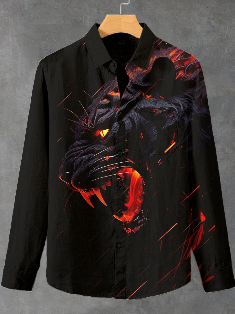 Men's Retro Mystery Art Tiger Print Long Sleeve Shirt