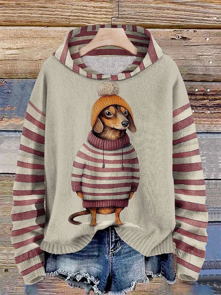 Women's Dachshund Dog In Clothes Print Stripe Splice Hoodie