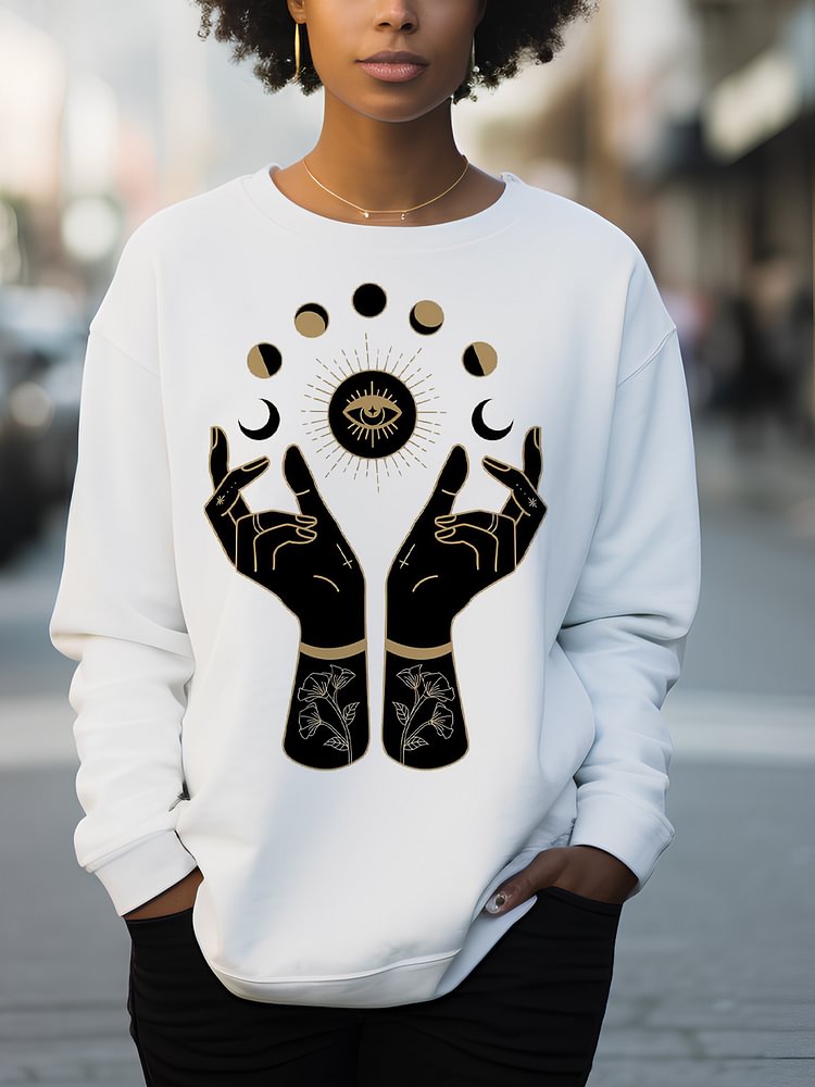 Women's Mysterious Eyes Hands Moon Print Cotton Long Sleeve T-Shirt Thin Sweatshirt