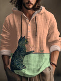 Men's Chilling Black Cat Drinking Contrast Color Art Print Hooded Shirt