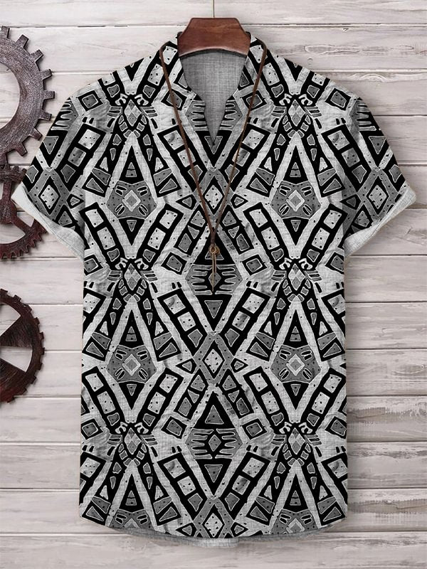 Men's Black Ethnic Traditional Patterns Print Casual V Neck T-Shirt