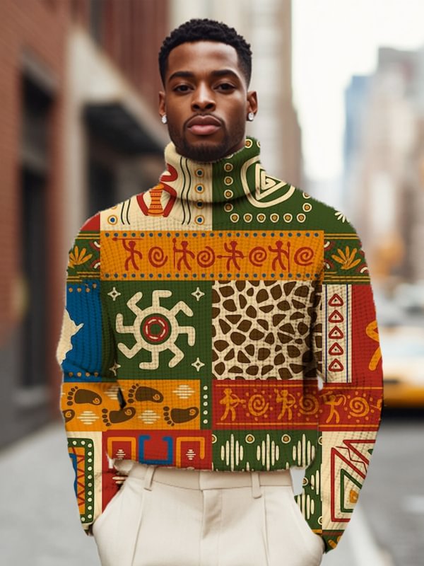 Men's Retro Tribe Totem Pattern Print High Neck Knit Sweatshirt