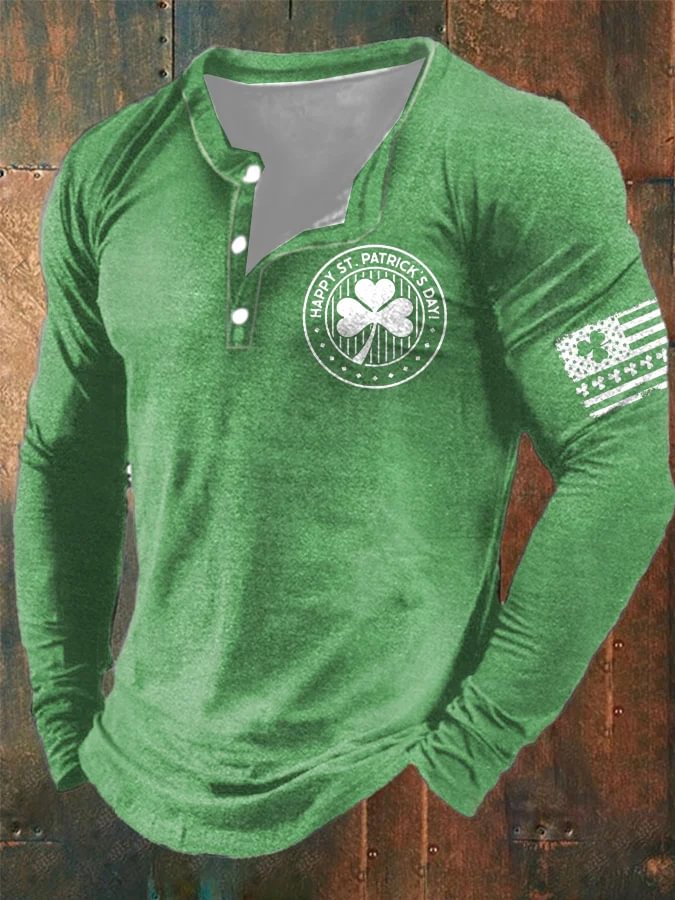 Men's Happy St Patrick's Day Clover Print Long Sleeve Henley Shirt