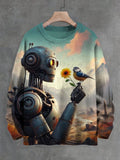 Men's Robot Meets A Bird Surreal Art Print Knit Sweatshirt
