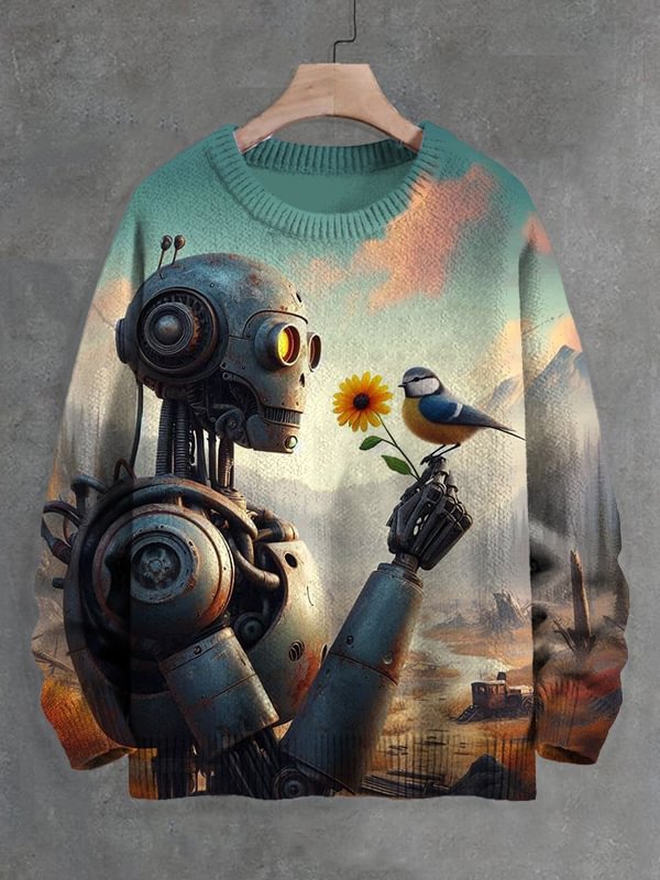 Men's Robot Meets A Bird Surreal Art Print Knit Sweatshirt