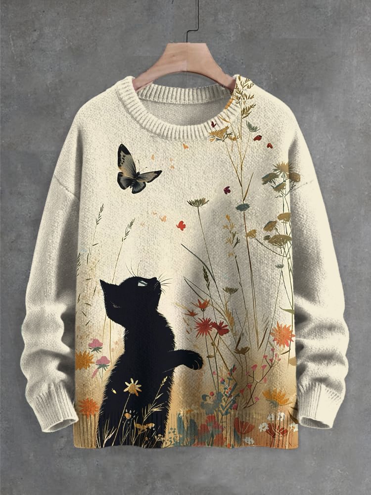 Men's Black Cat Butterfly Wildflowers Art Print Knit Sweatshirt