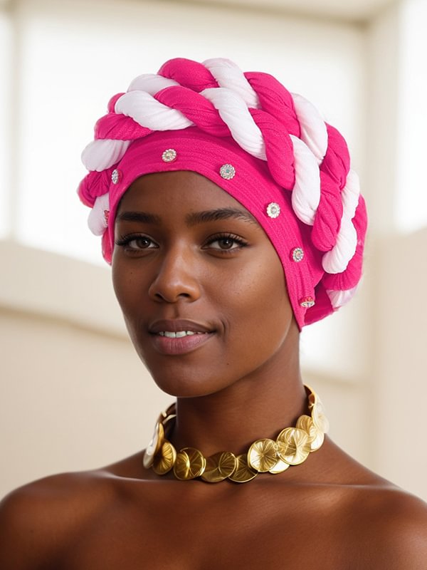 Women's Strip Rhinestone Decor Color Block Braid Turban Hat